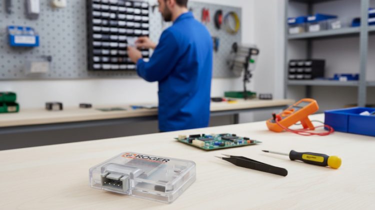 Installateur de portails automatisés dans son atelier prépare son boitier Roger Technology