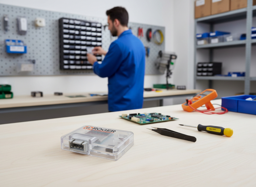 Installateur de portails automatisés dans son atelier prépare son boitier Roger Technology