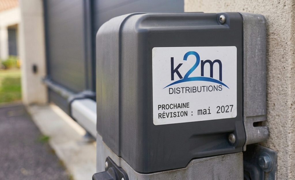 Portail automatique électrique avec étiquette de date de prochaine révision